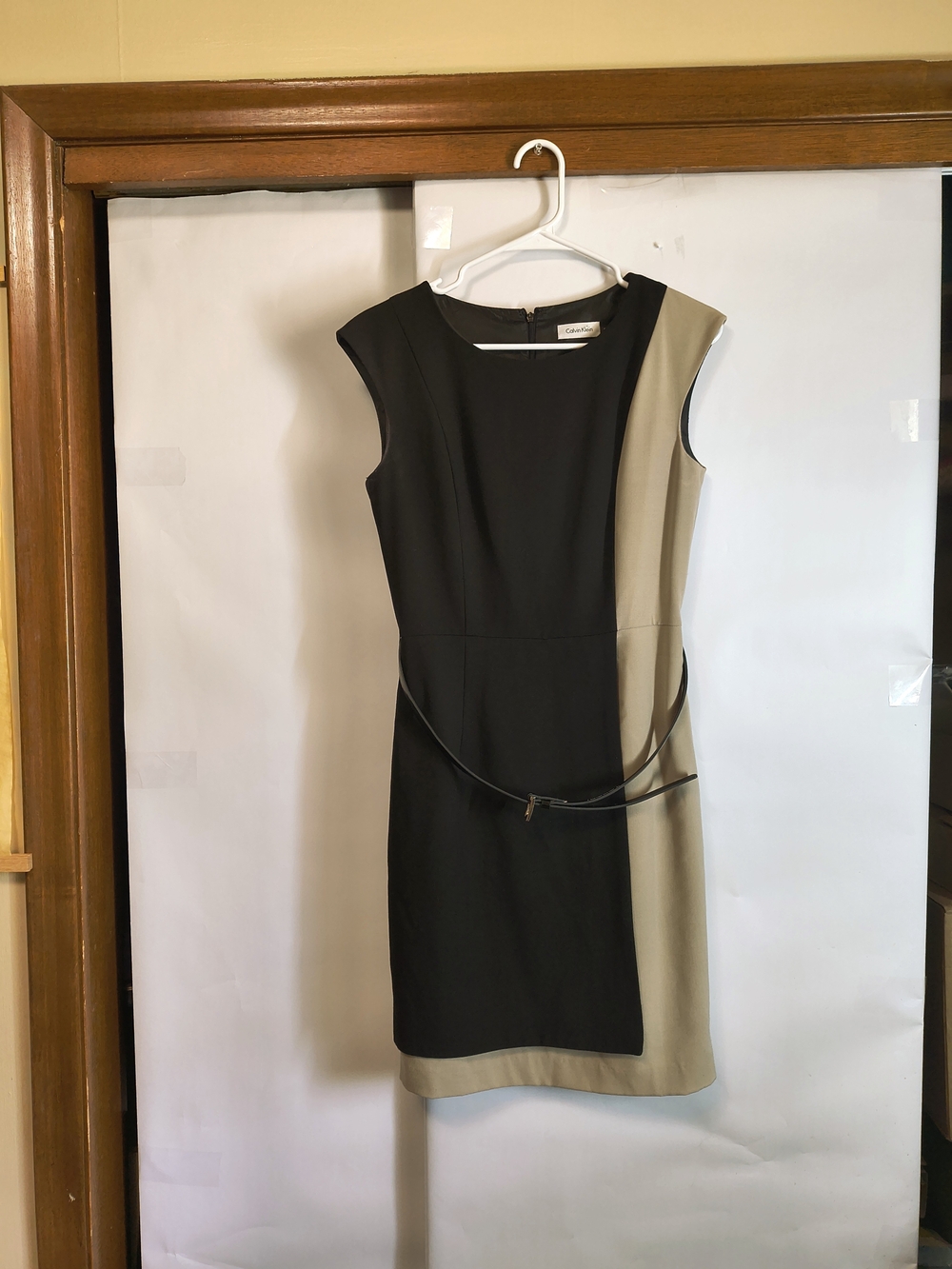 Calvin Klein Black and Khaki Colorblock Midi Sheath Dress